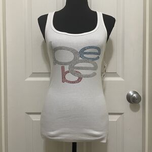 Vintage Bebe Tank‎ Top Red White Blue 4th July Stacked Logo Bling USA Large NWT